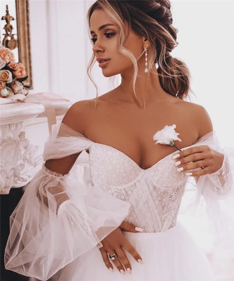 Boho Wedding Dress Detachable Long Puff Sleeve Bride Dresses Vintage Lace Beach Wedding Gowns Plus Size Corset Back Sweet Vestido De Noiva