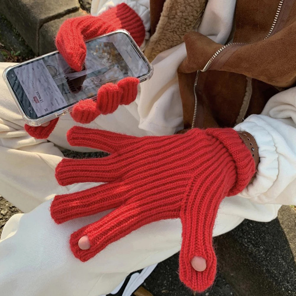 Five Fingers Gloves Knitted Full Touch Screen For Playing Phone Winter Thicken Warm Outdoor Skiing Stretch Mittens 231130