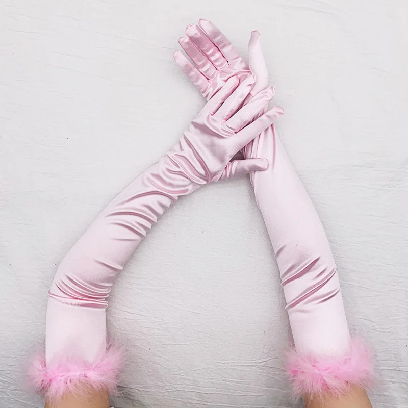 Five Fingers Gloves 55cm Silk Satin Dance Party Elastic Long Female Cuff Feather Elegant Red Halloween Makeup Opera Stage 231130
