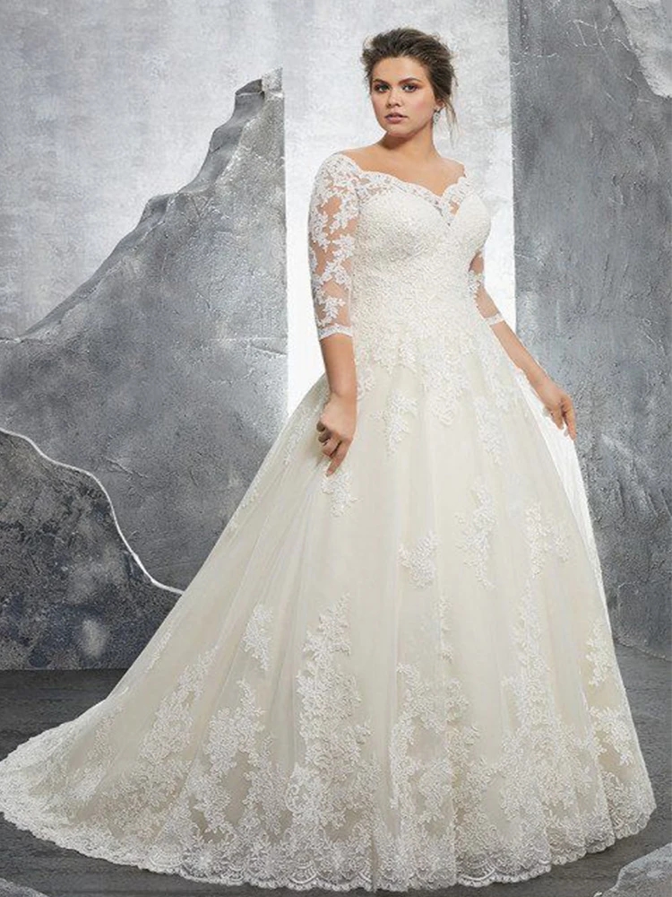 2024 Elegant Plus Size A-line Wedding Dress Off Shoulder Lace Applique Half Sleeves Bridal Dresses Bride Gowns Robe De Mariage Vestidos De Noiva
