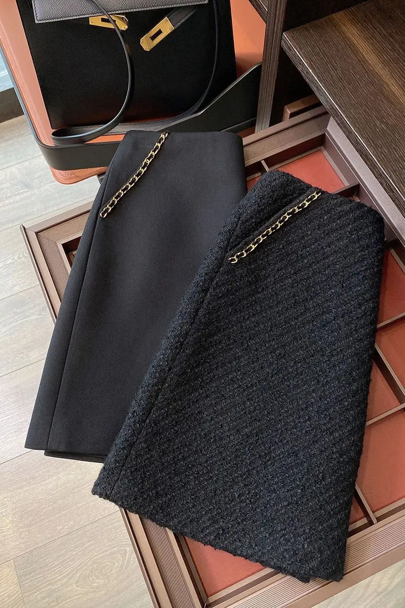 Skirts autumn Korean style Chain decoration women Tweed Skirts High waist slim A-line skirts Fahion Wrap mini skirt 231129