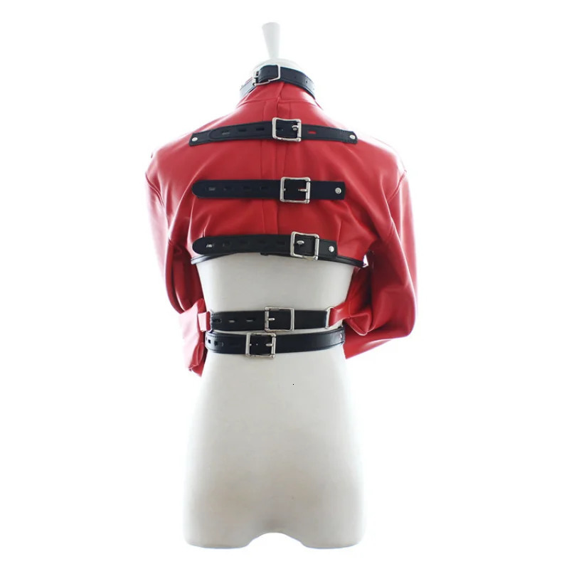 Sexy Set Red/Black Female BDSM Bondage Open Breast PU Leather Straitjacket Restraint Jacket Long Sleeves Play Flirting Women 231130