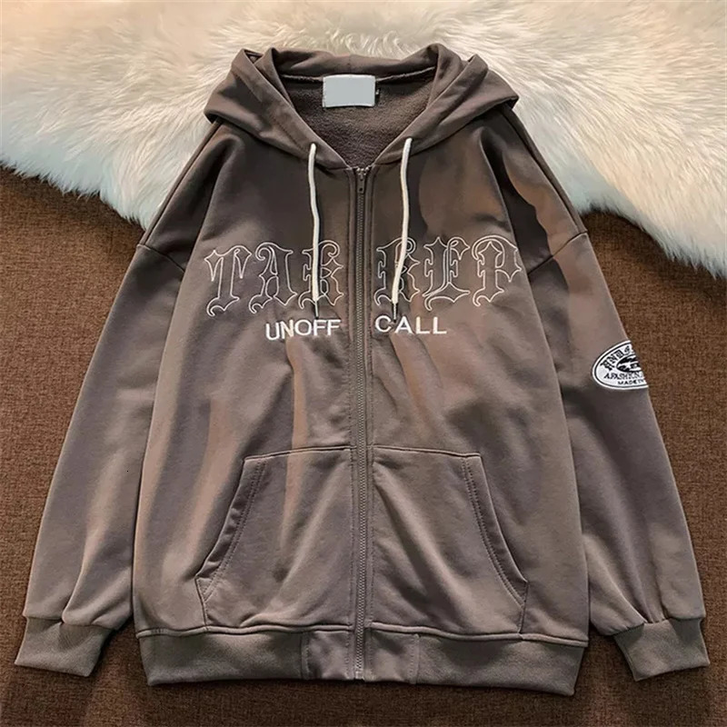 Womens Hoodies Sweatshirts Gothic Embroidery Women Retro Harajuku Hip Hop Jacket High Street Zip Up Hoodie Casual Loose Sweatshirt Clothes Y2K Tops 23