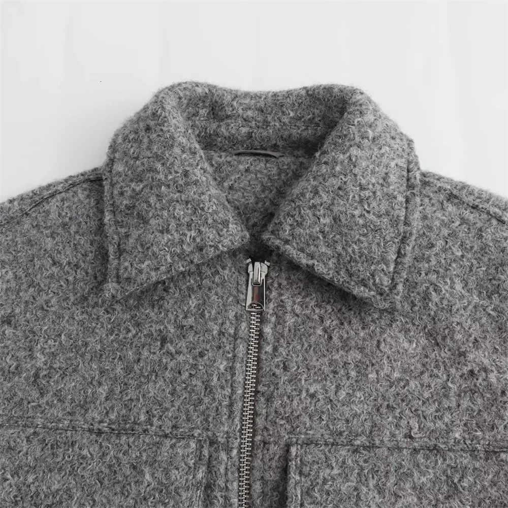 Womens Jackets UNIZERA Winter Casual Grey Beaded Leather Loose Patch Pocket Short Jacket Coat 231129