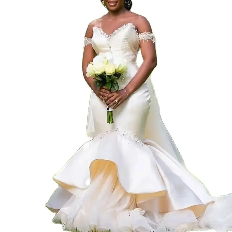 Elegant Satin Ruffles Mermaid Wedding Dresses Off The Shoulder Sexy Bridal Gowns Floor Length Custom Made Robe De Mariee