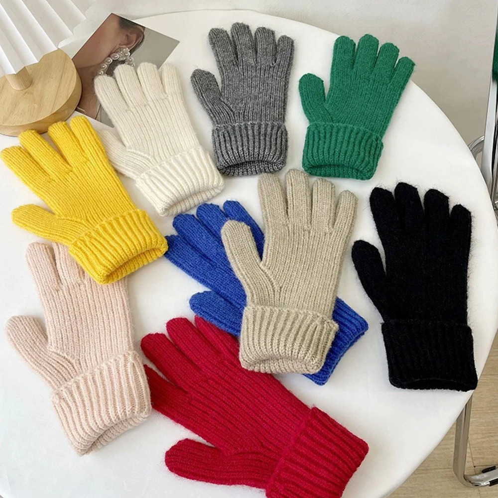 Five Fingers Gloves Knitted Full Touch Screen For Playing Phone Winter Thicken Warm Outdoor Skiing Stretch Mittens 231130