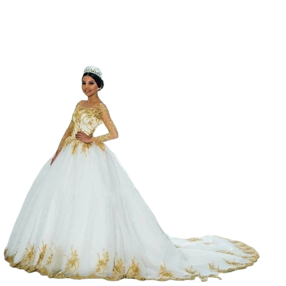 Princess Church Long Sleeve a-line Wedding Dresses Golden Lace Applique Retro lace-up corset Bridal Wedding Dresses Vestidos De Novia