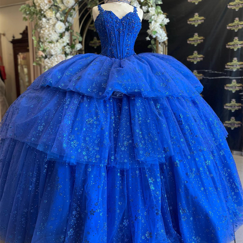 Blue Shiny Sweetheart Quinceanera Ball Gown Lace Crystal Beads Sweet 16 Dresses Party Gowns vestidos de 15