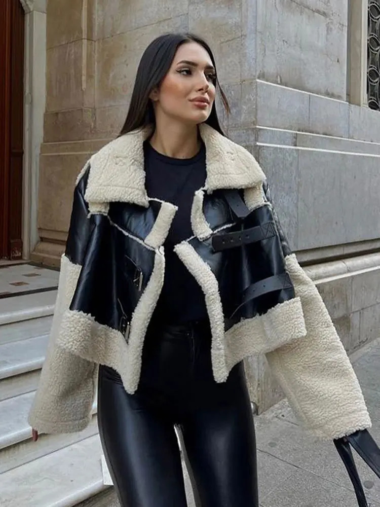 Women s Jackets Fur Leather Teddy Crop Quilted Patchwork Jacket Lapel Women Long Sleeve Short Coat Female Fashion Streetwear 231130