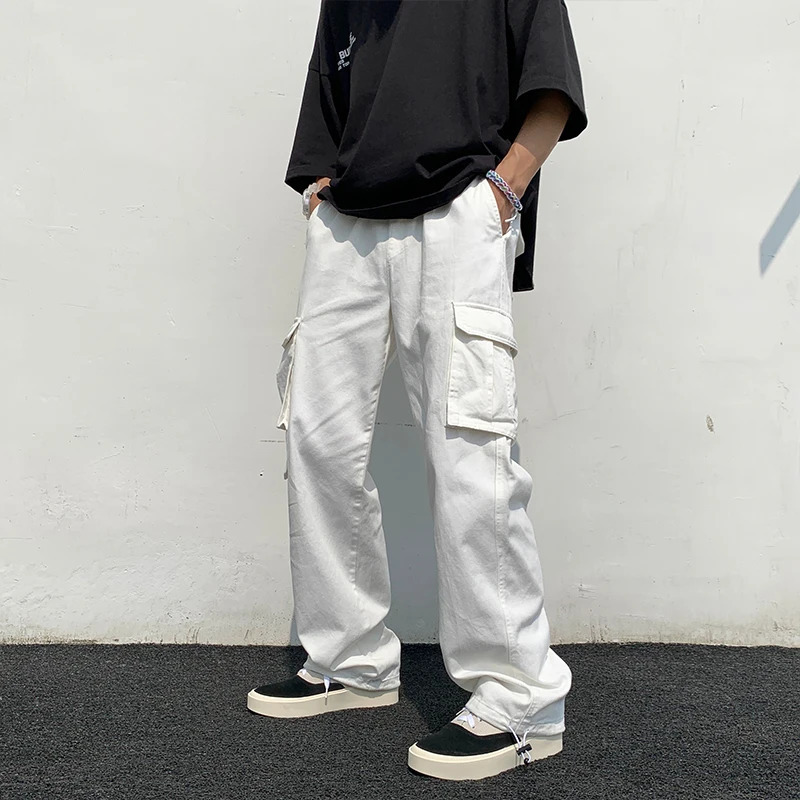 Men's Black & White Wide Leg Cargo Pants - Loose Fit, Cotton Blend, Casual Streetwear