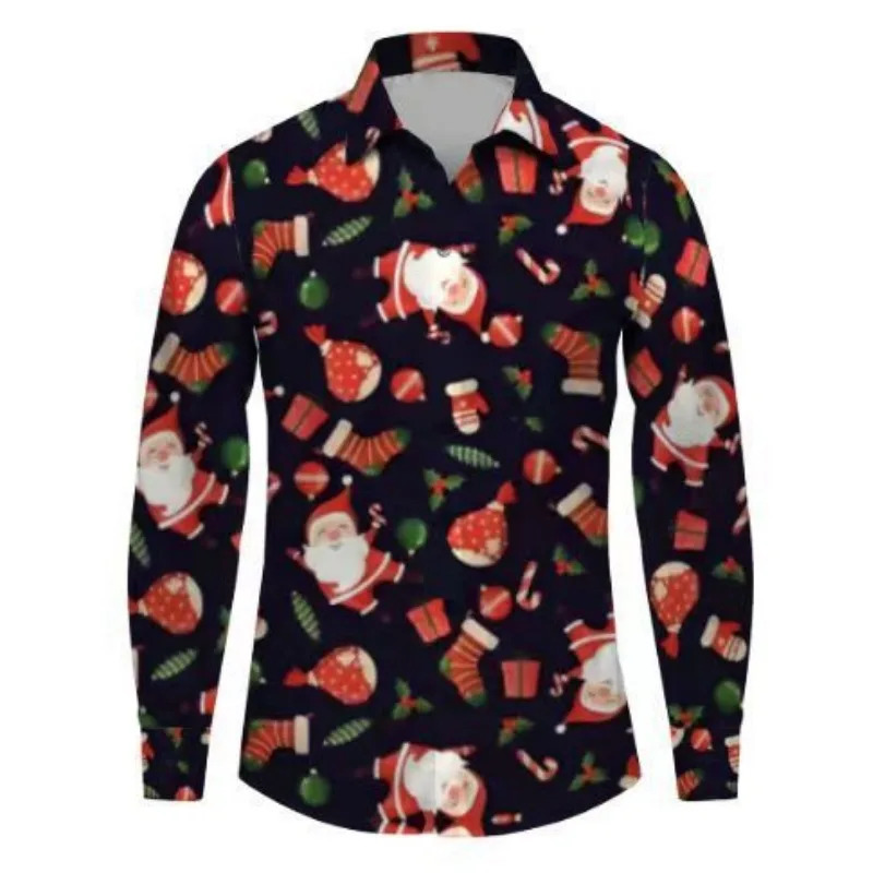 Men's Casual Shirts Christmas Shirt Men Santa Claus Printed White Slim Fit Long Sleeve Dress Shirts for Men Stage Daily Casual Blouse Chemise Hom