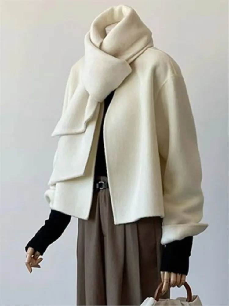 Women Blends 2023 Autumn Winter Scarf Collar Short Double sided Cashmere Coat Round Neck Casual Loose Streetwear Fashion 231130