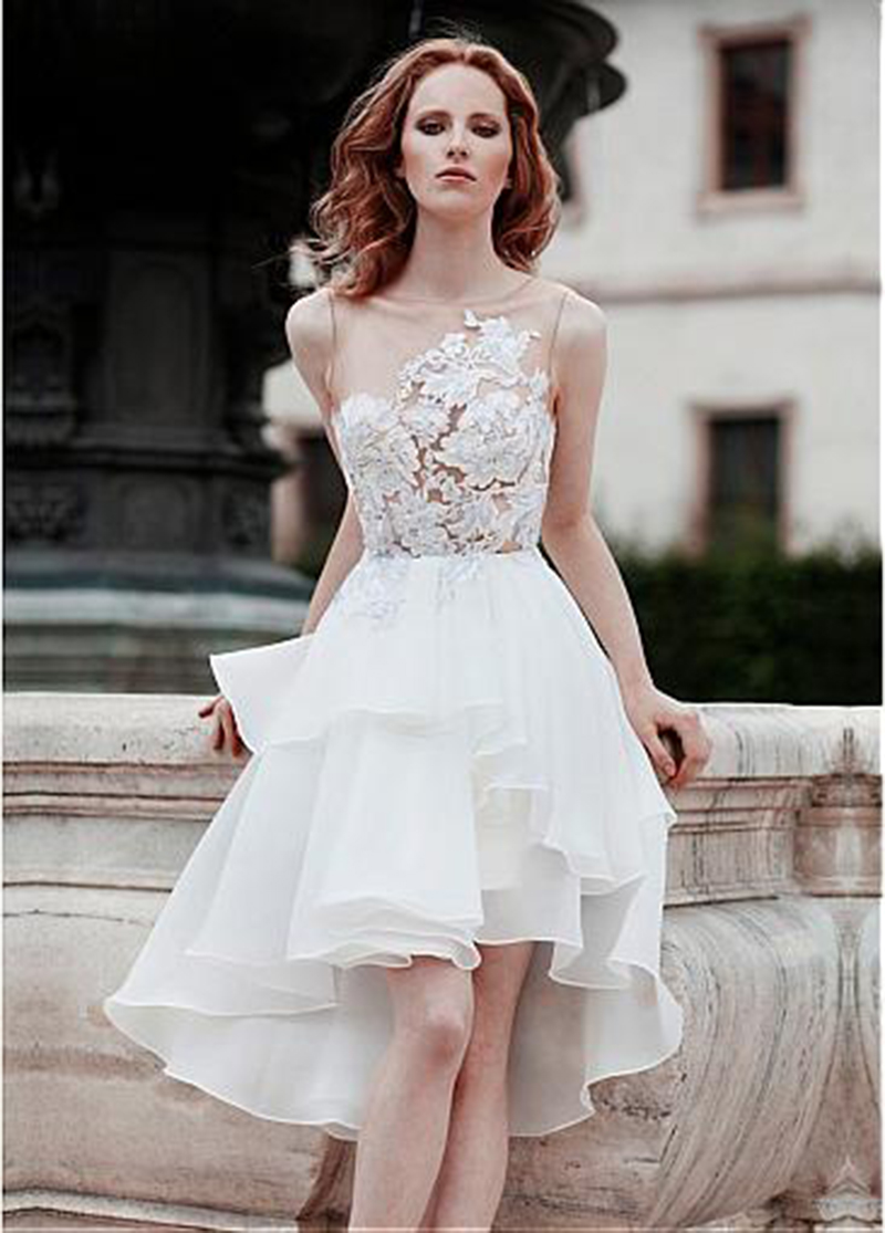 Charming A-Line Wedding Gown For Bride Short Wedding Dresses Sheer Neck Sleeveless Mordern Jewel Hollow Cascading Ruffles