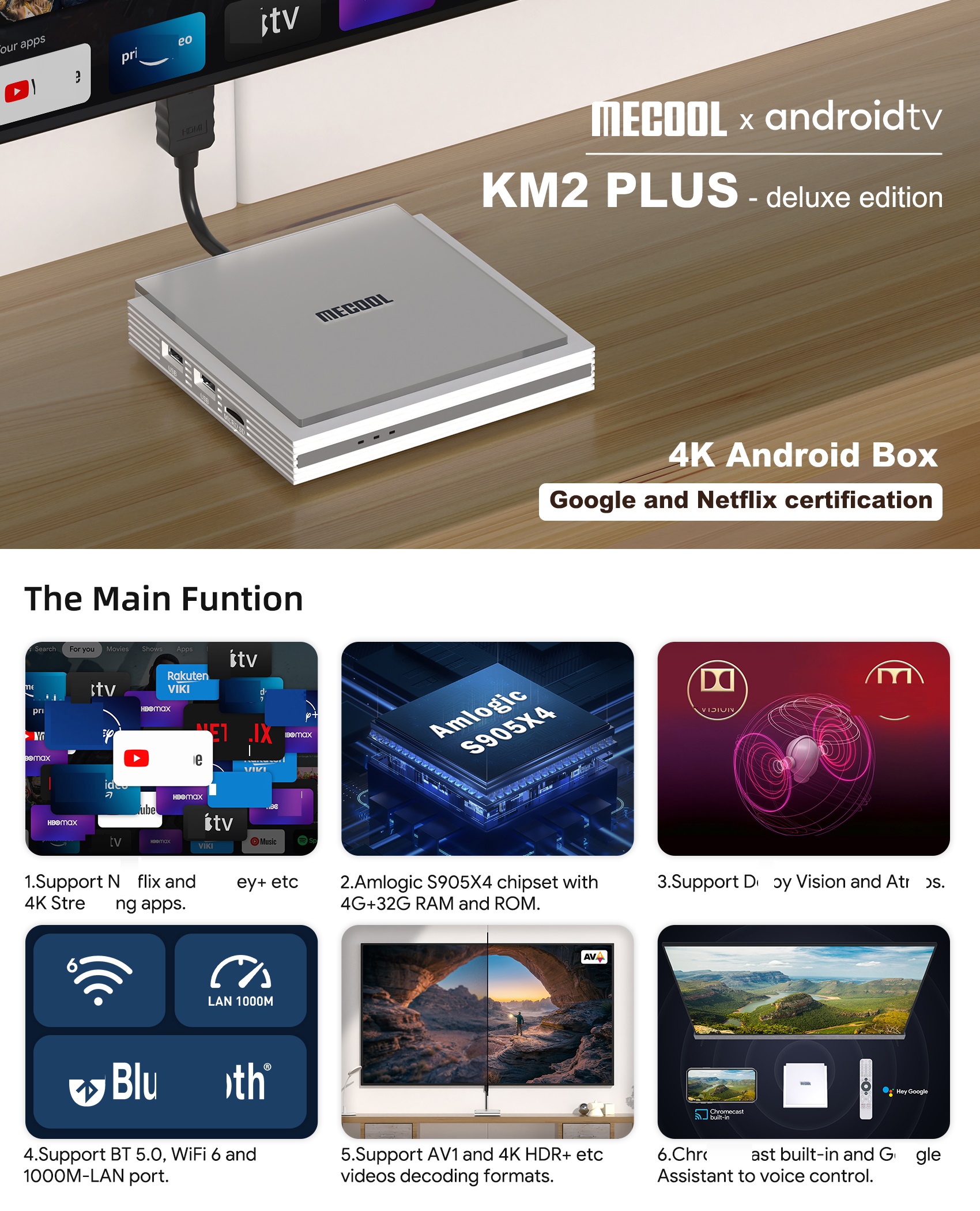 Mecool KM2 Plus Deluxe Android 11 TV Box 4GB 32GB Amlogic S905X4 Google Certified Netfix 4K ATV BOX 5G WiFi 6 D0by Audio Media Player