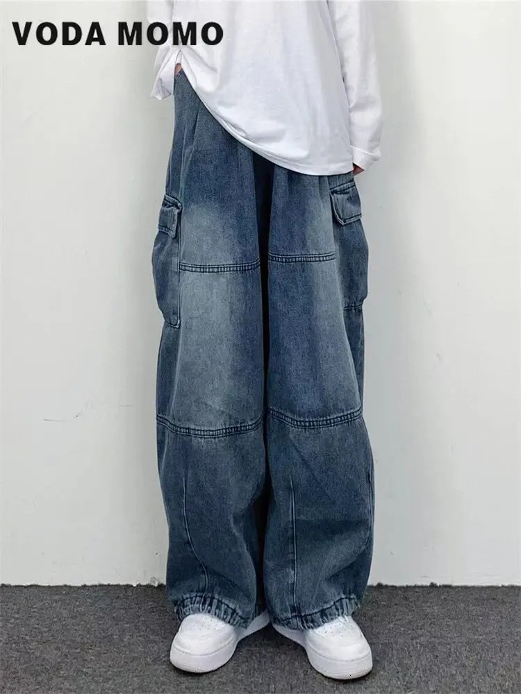 Men's Jeans Autumn Harajuku Fashion retro High Street hiphop Pants Straight Wide Leg Pants Women Casual Loose Big Pockets Cargo Jeans 231129