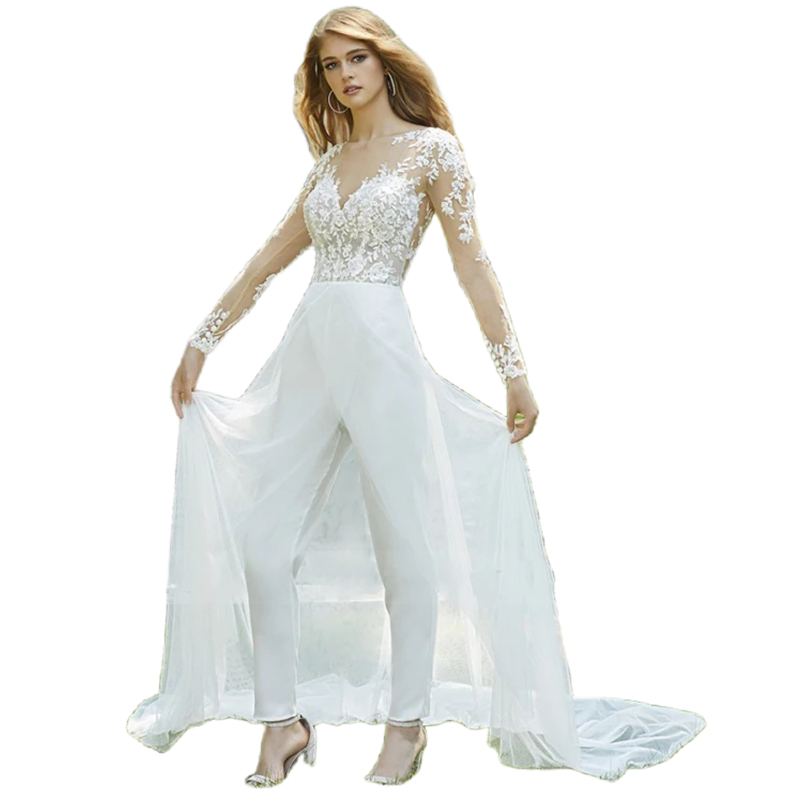 Boho Lace Jumpsuit Wedding Dresses for Women Sweep Train A-Line Lace Appliques Long Sleeves Sexy Beach Bridal Gown Illusion Back Ivory Vestidos De Nov