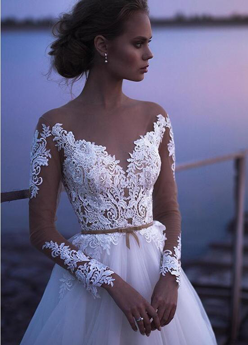 Sash Hollow Covered Button Mordern Wedding Gown For Bride Attractive Long Sleeve A-Line Applique V-Neck Sheer Neck Tulle Personalised