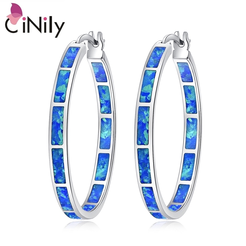 Hoop Huggie CiNily Blue Green Fire Opal Stone Hoop Earrings for Women SilverRose Gold Color Big Round Circle Hip Hop Punk Party Jewelry 230428