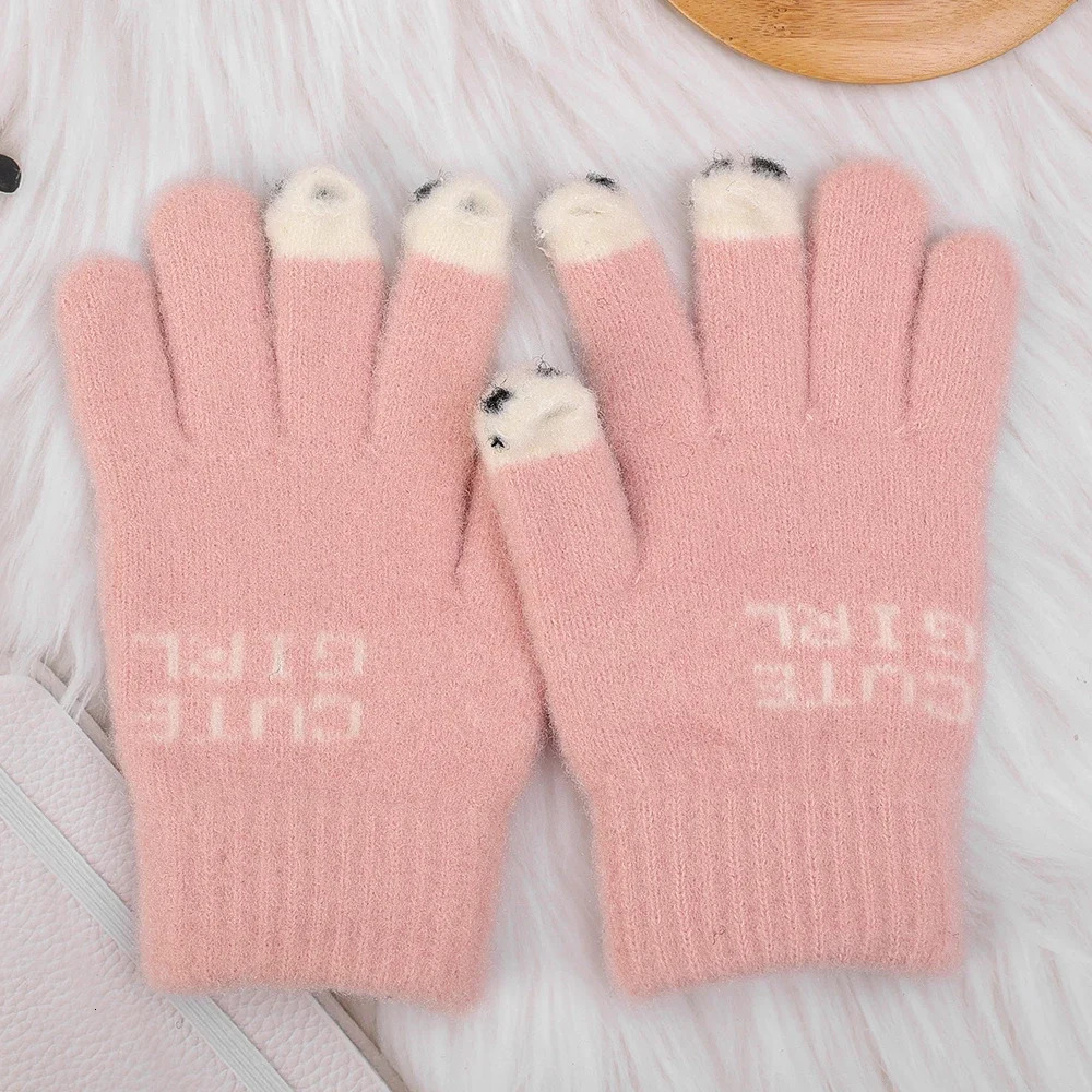 Five Fingers Gloves Cute Panda Fingertip Warm Women Girls Winter Fluffy Knitted Fingerless Glove Wool Touchscreen Phone Full Finger Mittens 231130