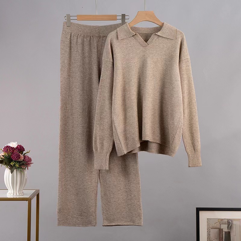 Hirsionsan Cashmere Turn Down Neck Knitted Sets Women Winter Casual Two Pieces Sweater and Pants Loose Outfits Tracksuit 211116