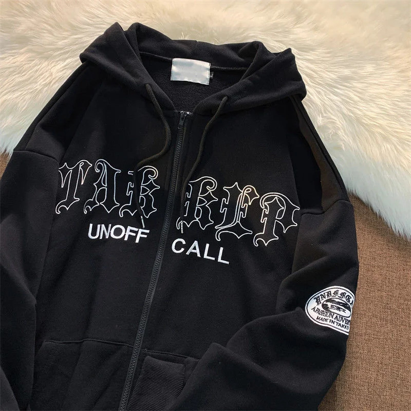 Womens Hoodies Sweatshirts Gothic Embroidery Women Retro Harajuku Hip Hop Jacket High Street Zip Up Hoodie Casual Loose Sweatshirt Clothes Y2K Tops 23