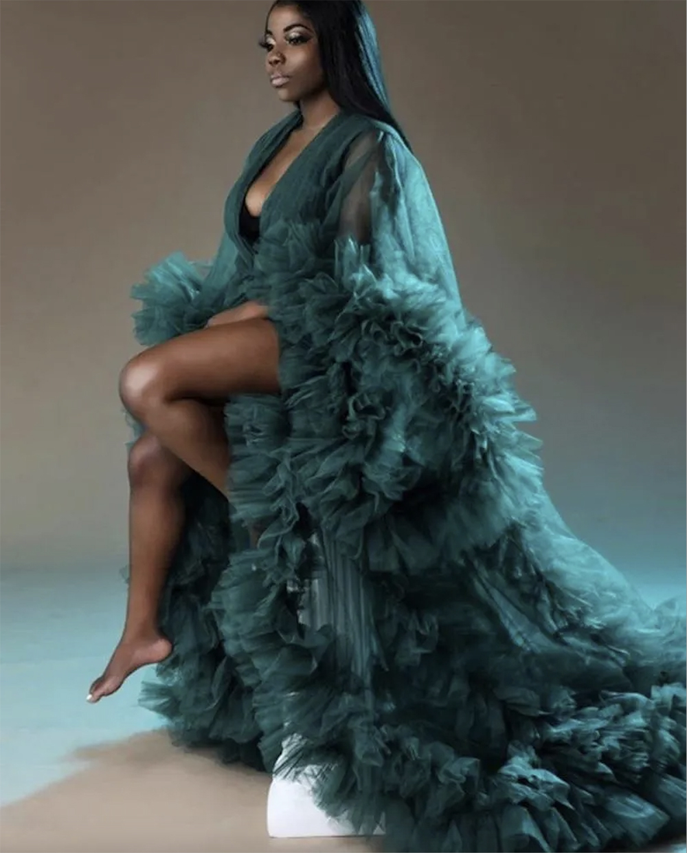 Illusion Ruffles Night Gowns Sexy Women Lingerie Tiered Sleepwear Nightdress Long Sleeve Bridal Boudoir Robe Holiday Wedding