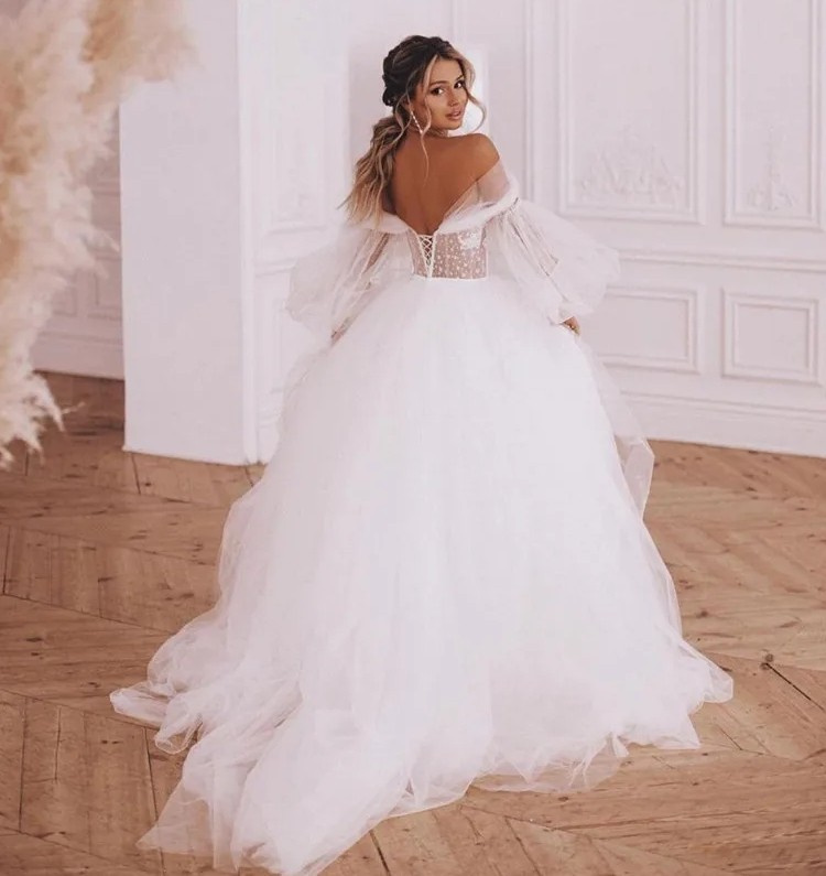 Boho Wedding Dress Detachable Long Puff Sleeve Bride Dresses Vintage Lace Beach Wedding Gowns Plus Size Corset Back Sweet Vestido De Noiva