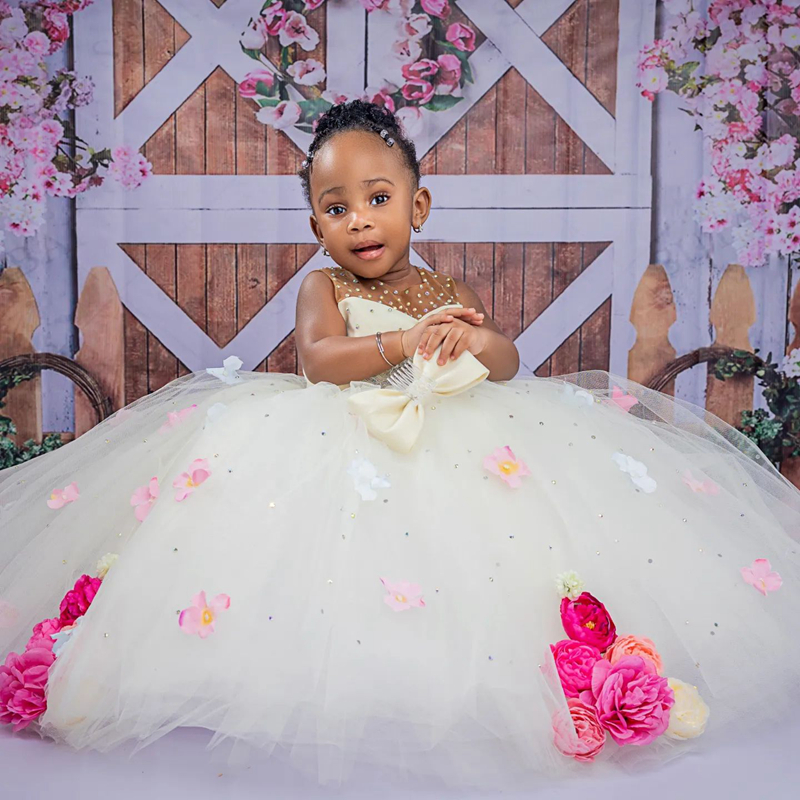 R&W White Tulle wer Girl Dresses Tiered Pearls Rehinetones Crystals Beaded Princess Queen Ball Gowns Girls' Dress For Wedding First Birthday Part