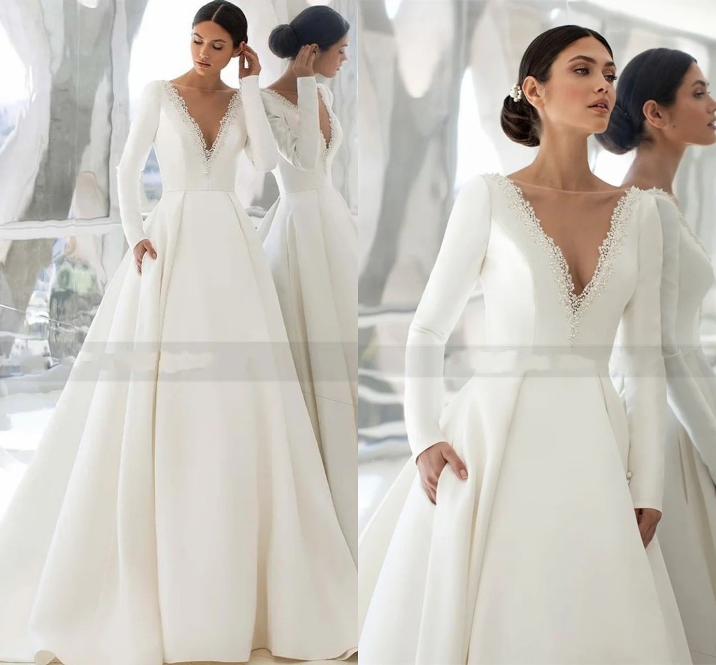 Elegant Satin Wedding Dress Long Sleeve Princess Bride Dresses Beads Pearls V Back Court Train Wedding Gowns Church Vestido De Noiva