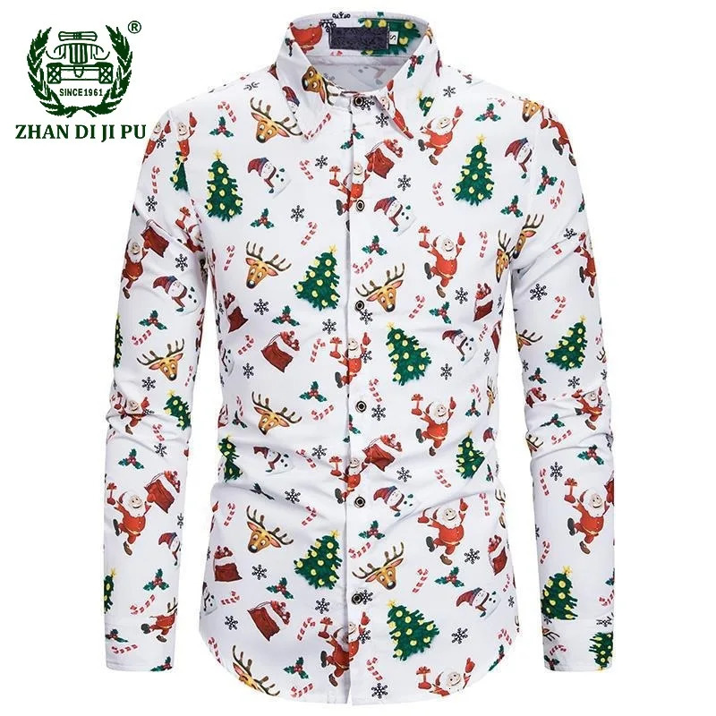 Men's Casual Shirts Christmas Shirt Men Santa Claus Printed White Slim Fit Long Sleeve Dress Shirts for Men Stage Daily Casual Blouse Chemise Hom