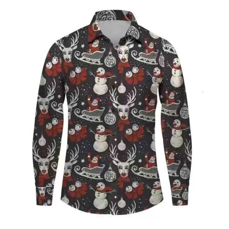 Men's Casual Shirts Christmas Shirt Men Santa Claus Printed White Slim Fit Long Sleeve Dress Shirts for Men Stage Daily Casual Blouse Chemise Hom