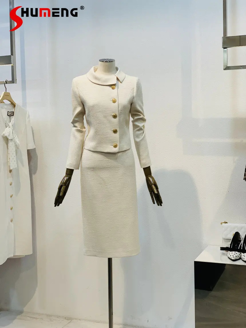 Two Piece Dress Autumn Fashion Elegant Long Sleeve Slim-Fit Single Breasted Tweed Coat Office Lady Mid-calf Skirt Two-piece Set Women Outfit 231129
