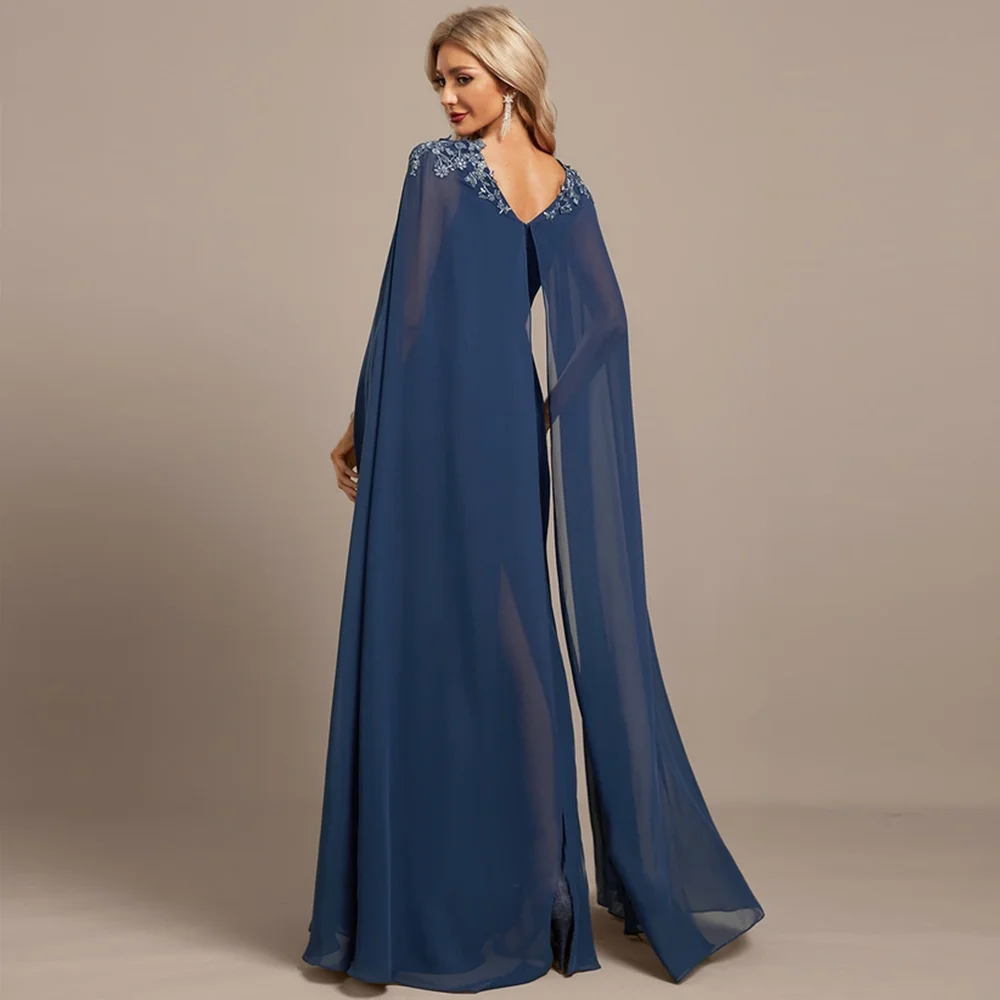Elegant Navy Chiffon Mother Of The Bride Dresses Cape Sleeves Lace Appliques Long Wedding Guest Dress 2024 Women Prom Evening Gowns Plus Size Party Ve