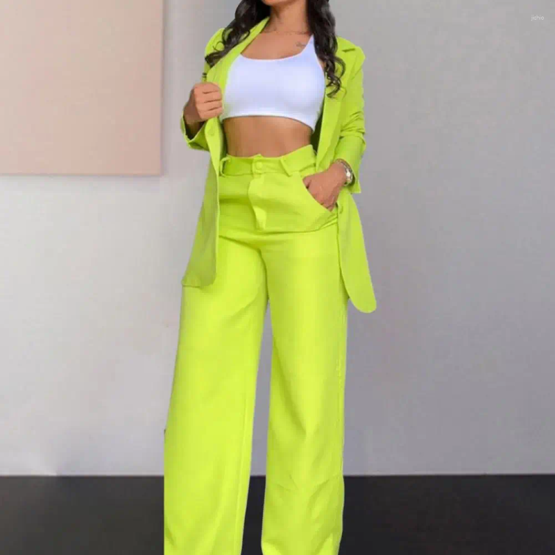 Womens Two Piece Pants Women Suit Stylish Coat Single-breasted Jacket Wide Leg Fashionable Commute Set For Ladies Formal