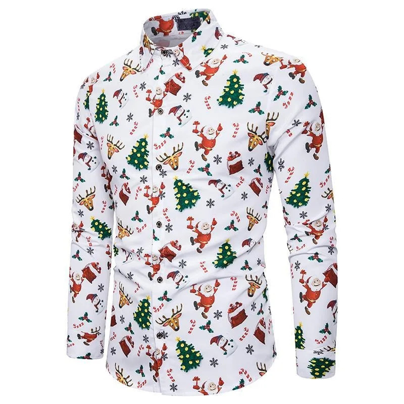 Men's Casual Shirts Christmas Shirt Men Santa Claus Printed White Slim Fit Long Sleeve Dress Shirts for Men Stage Daily Casual Blouse Chemise Hom