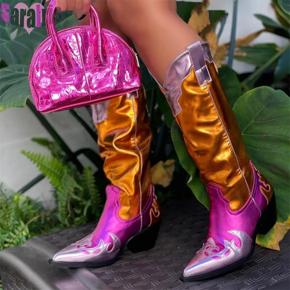 Boots Fashion Women Cowboy For Chunky Heels Metal Colorful Cowgirl Western Mid Calf Woman Vintage Shoes Plus Size 231130