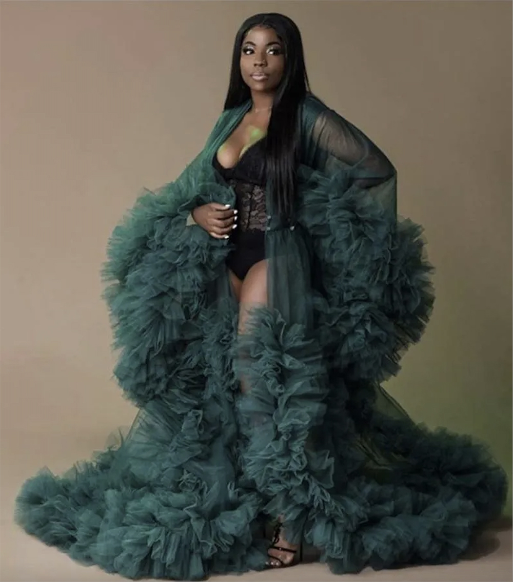 Illusion Ruffles Night Gowns Sexy Women Lingerie Tiered Sleepwear Nightdress Long Sleeve Bridal Boudoir Robe Holiday Wedding