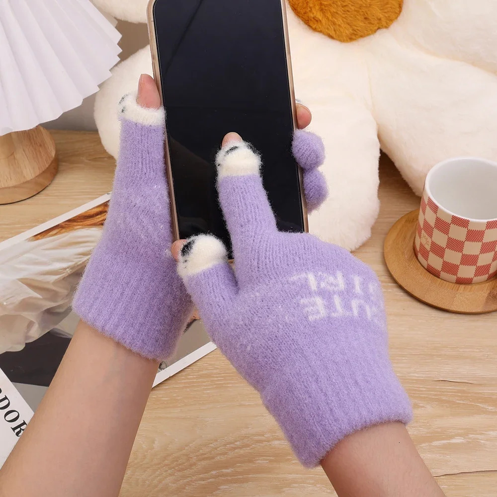 Five Fingers Gloves Cute Panda Fingertip Warm Women Girls Winter Fluffy Knitted Fingerless Glove Wool Touchscreen Phone Full Finger Mittens 231130