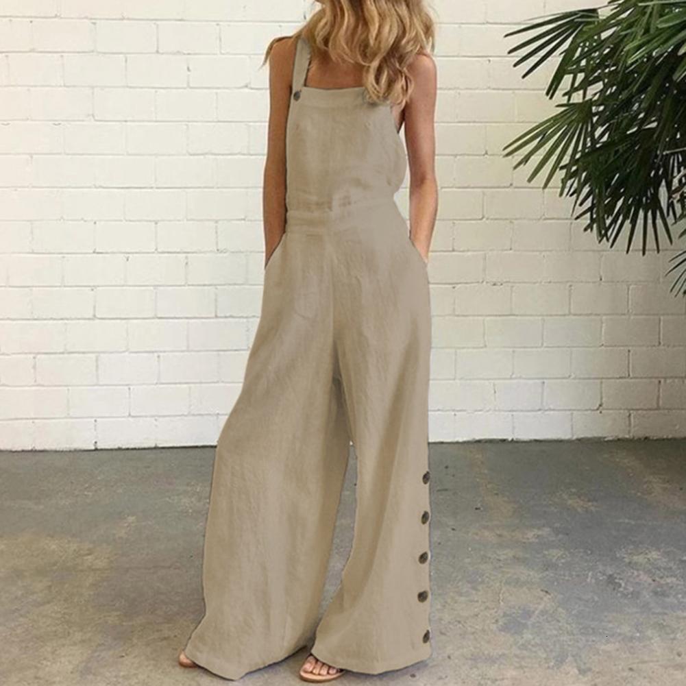 Women's Jumpsuits Rompers Women Jumpsuit Summer Sleeveless Solid Color Wide Leg Pockets Loose Strappy Playsuit Overall Wide Leg Pockets mono muje
