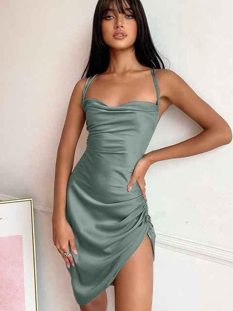 Casual Dresses Dulzura Satin Women Strap Mini Dress Ruched Lace Up Cross Bandage Backless Bodycon Sexy Party Elegant Club Christmas Slim 230131