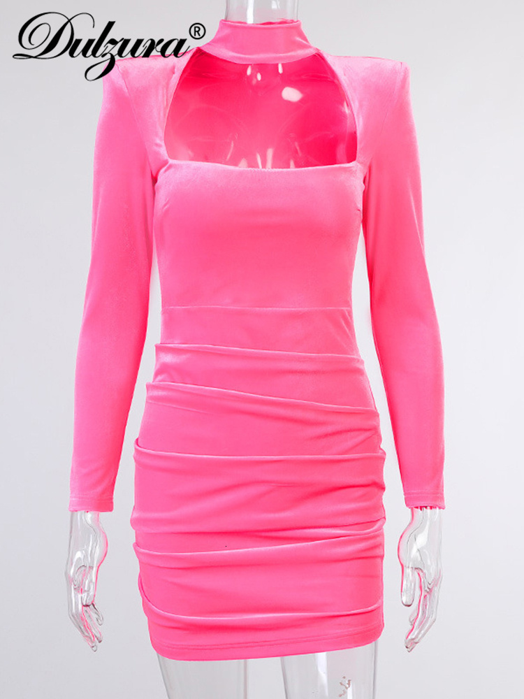 Casual Dresses Dulzura Velvet Women High Neck Long Sleeve Mini Dress Ruched Hollow Out Shoulder Pad Bodycon Sexy Club Party Elegant Spring 230131