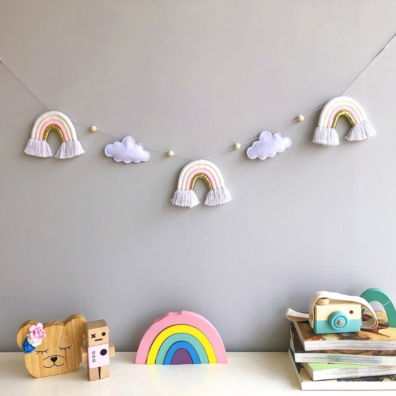 Wall Decor INS Felt Cloud Knitting Wool Rainbow Tassel Wall Hanging Decor Boho Wooden Beads Garland Pendant Kids Room Home Nursery Decor 230131