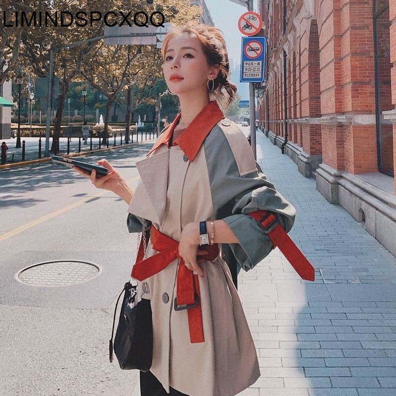 Womens Trench Coats Chic Color Matching Windbreaker Spring Fall Korean Loose Long Overcoat Female British Coat With Belt Tops 230131