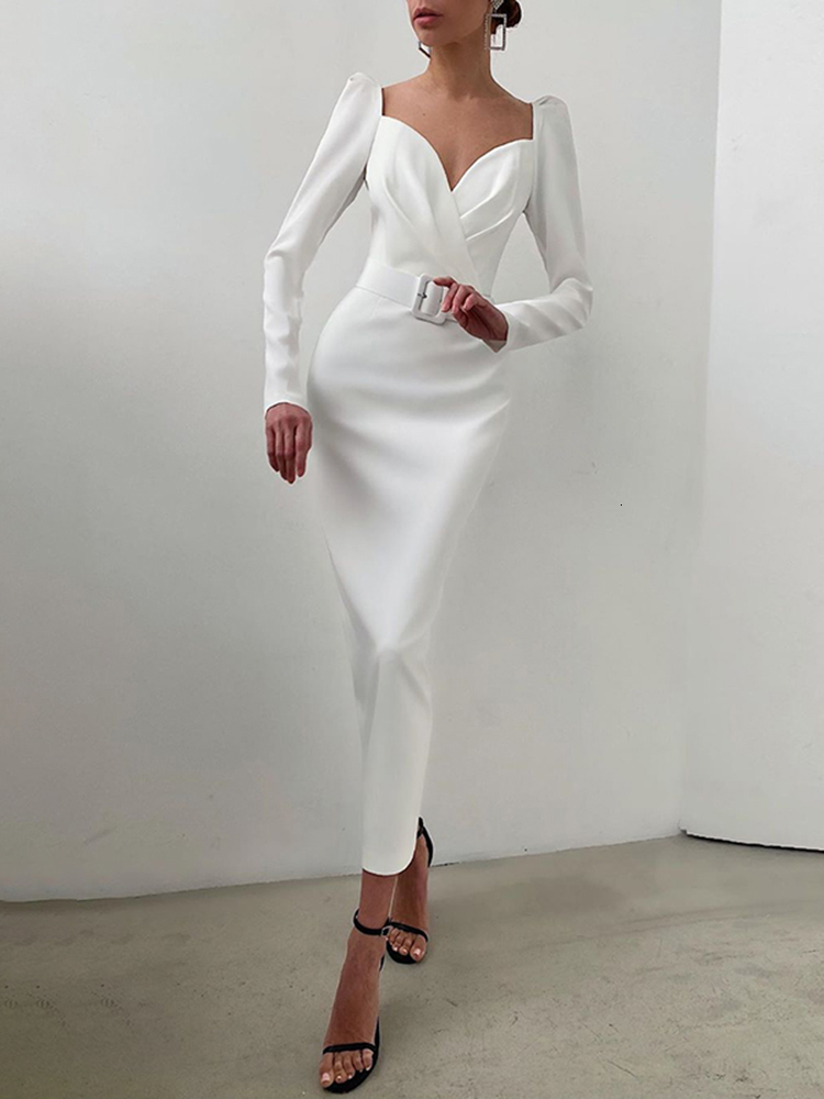 Casual Dresses Insta Elegant Party Women Dress Slim V Neck Long Sleeve Mid Calf Pencil Dress Casual Office Lady Solid Red Puff Sleeve 230131