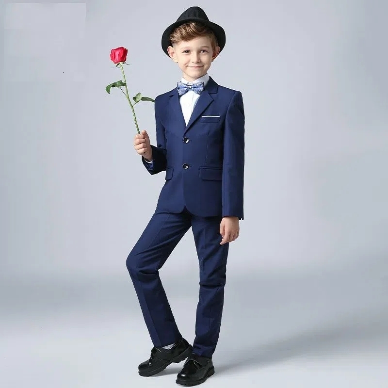 Suits Boys Formal Black Navy Suit Set Children Wedding Party Piano Performance Host Graduation Chorus Costume Kids Blazer Vest Pants 230131