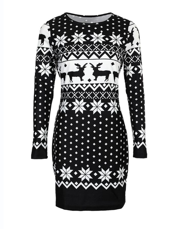 Casual Dresses Christmas Women's Dresses Autumn Long Sleeve Fashion Snowflake Elk Print Casual O-Neck Daily Skinny Mini Dress 230131