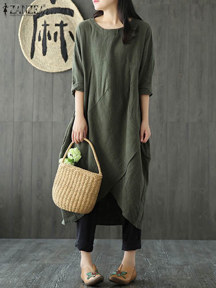 Casual Dresses ZANZEA Women Autumn Long Sleeve Irregular Hem Loose Solid Midi Dress Vintage Vestido Casual Party Tunic Dresses Robe Sundress 230131