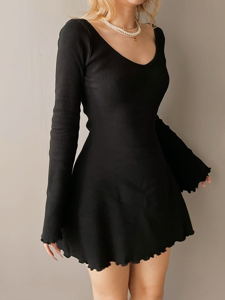 Casual Dresses Darlingaga Casual Frill Long Sleeve Black Female Dress Slim Spring Autumn Mini Dresses Basic Fashion Elegant Outfits Korean Chic 230131