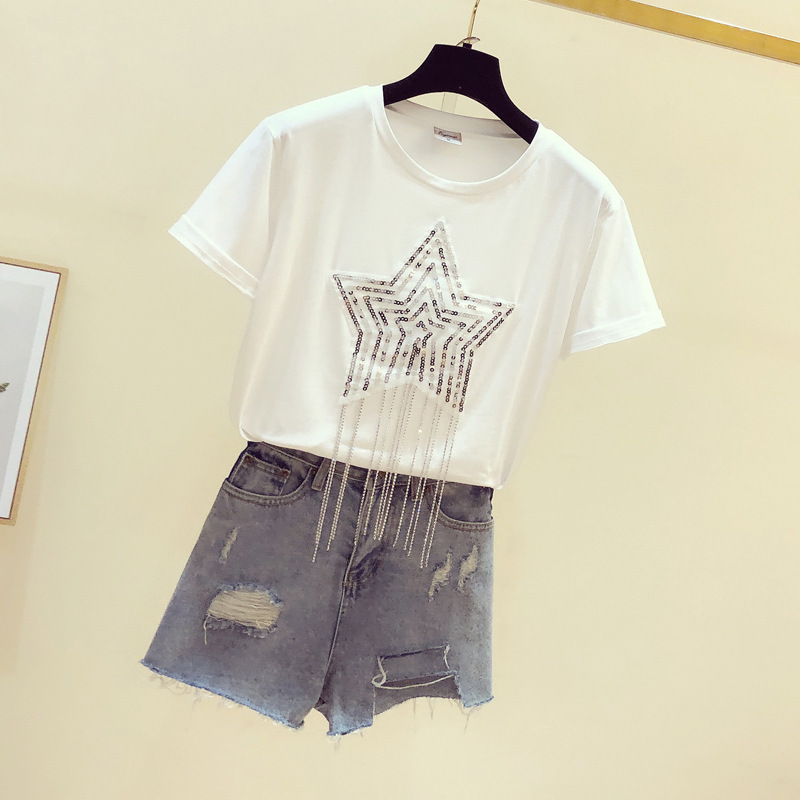 Solid Sequins Diamonds O-Neck Tshirt 2019 New Summer Office Lady Cotton Top Clothes Shirt Camiseta Mujer Black White T95107L CX200714