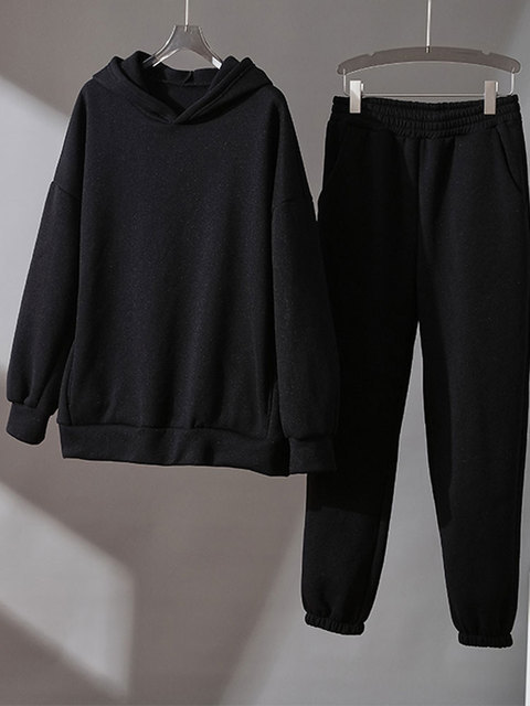 Women's Two Piece Pants Women's Tracksuit Fleece Hooded Two Piece Set Loose Hoodies Jogger Pants Sets Female Spring Casual Lady Sportswear S